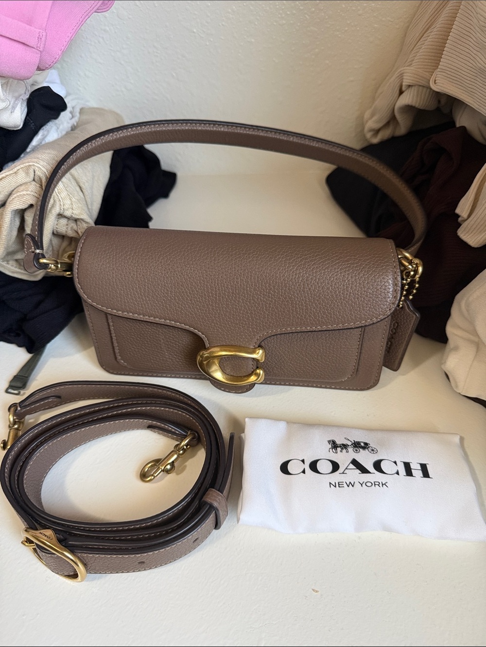 COACH Taupe/Brown Leather Tabby 20 Crossbody with Gold Hardware